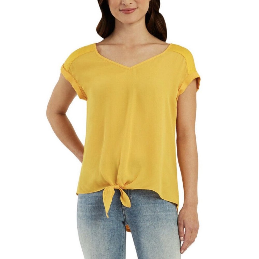 BCX Women’s Mix Media Tie-hem Lace Back Short-Sleeve Top In Mustard M